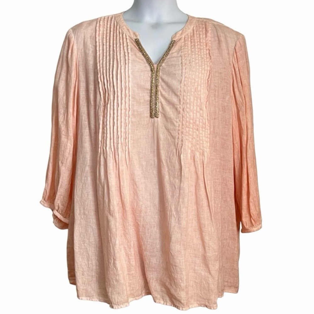 Coldwater Creek Women’s Tunic Blouse Size 3x Peach Linen Rhinestone Neckline